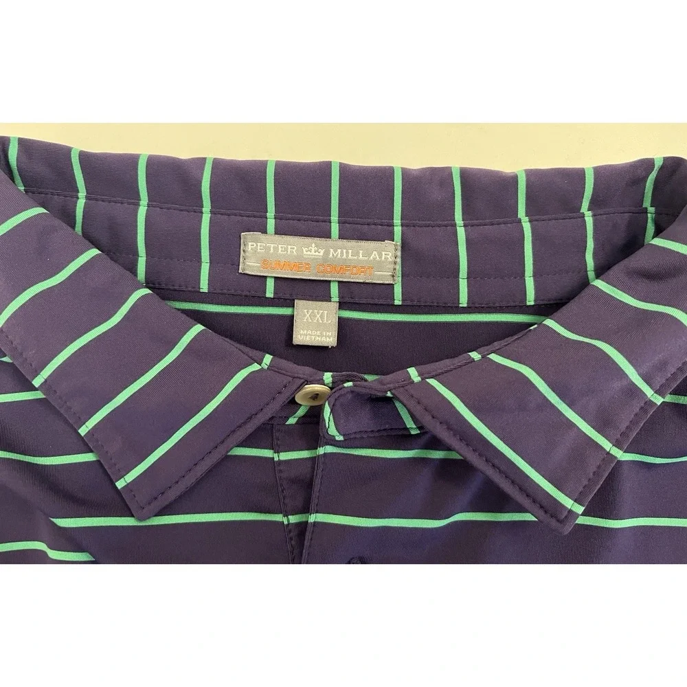 Peter Millar Polo Golf Shirt Mens XXL Bandon Dunes Purple Green Striped Collar